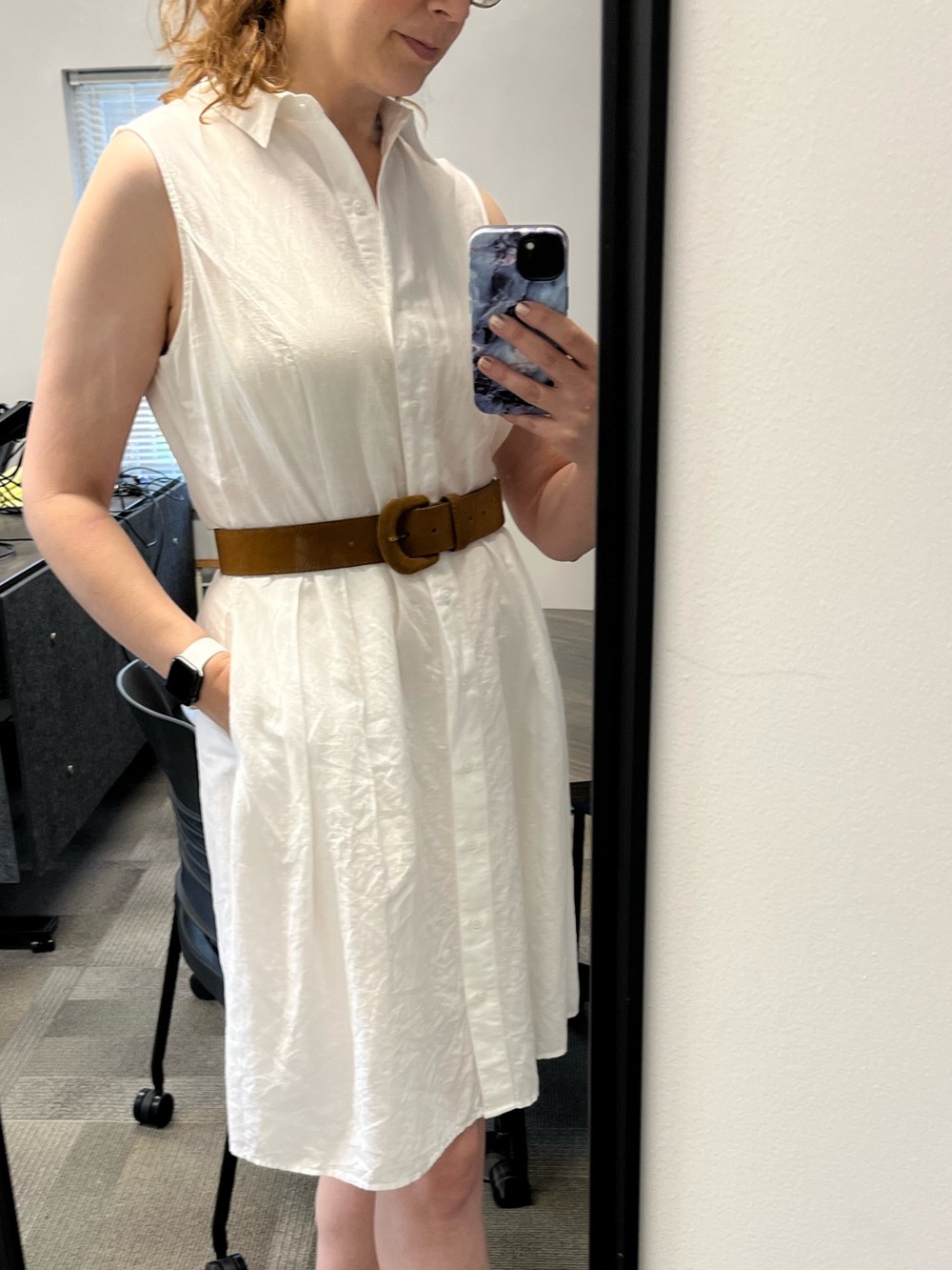 Banana Republic White Sleeveless Button-Front Midi Dress with Tie Belt